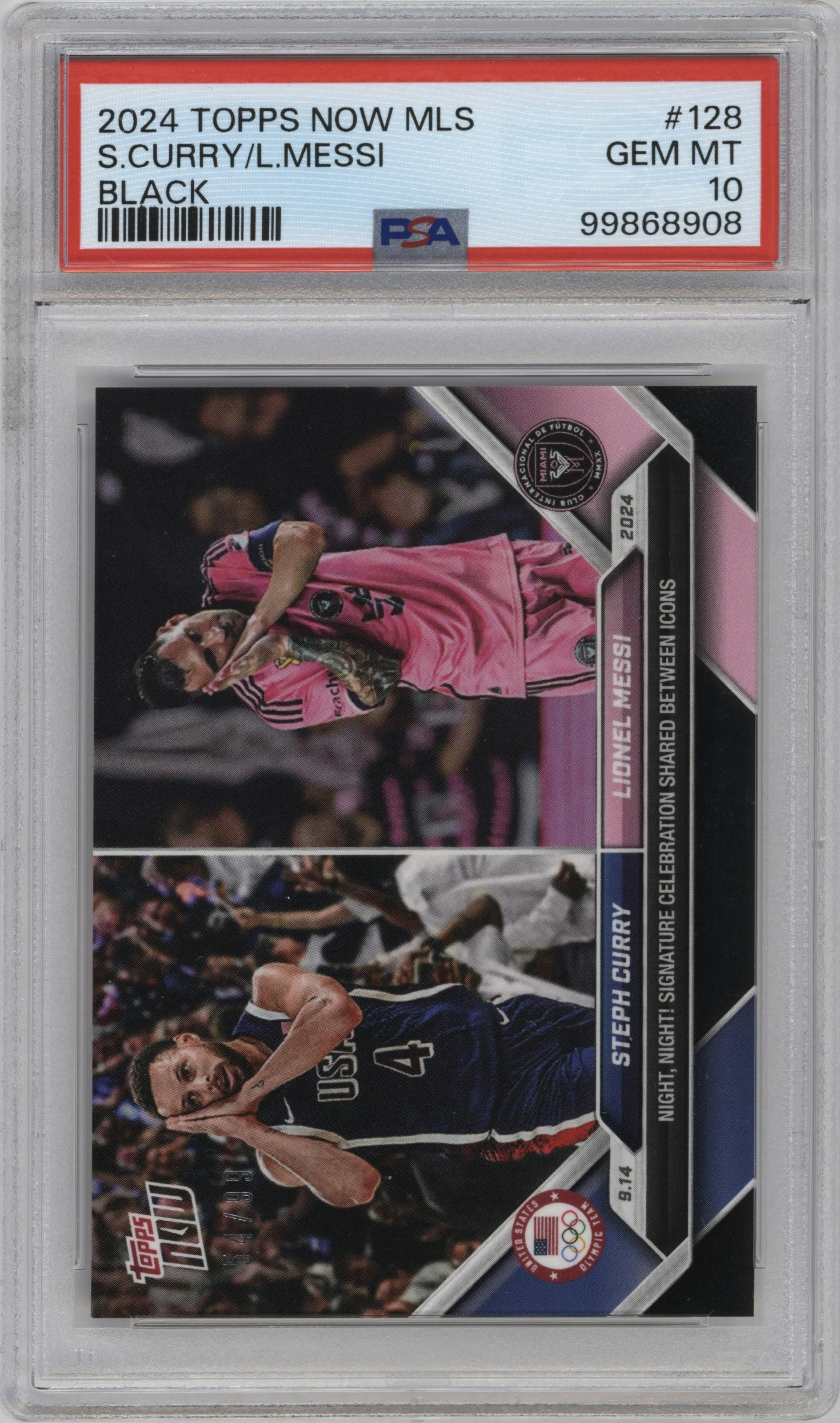 Steph Curry/Lionel Messi from the 2024 Topps Now MLS set featuring a Black parallel graded by PSA and given an overall grade of 10.