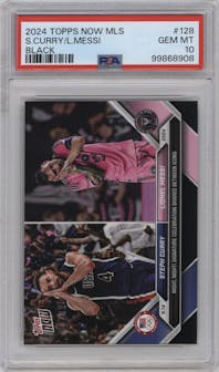 Steph Curry/Lionel Messi from the 2024 Topps Now MLS set featuring a Black parallel graded by PSA and given an overall grade of 10.
