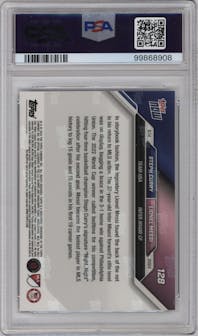 Steph Curry/Lionel Messi from the 2024 Topps Now MLS set featuring a Black parallel graded by PSA and given an overall grade of 10.