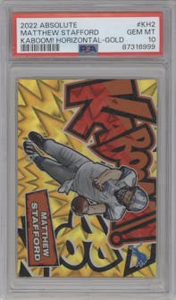 Matthew Stafford from the 2022 Panini Absolute set featuring a Gold parallel graded by PSA and given an overall grade of 10.
