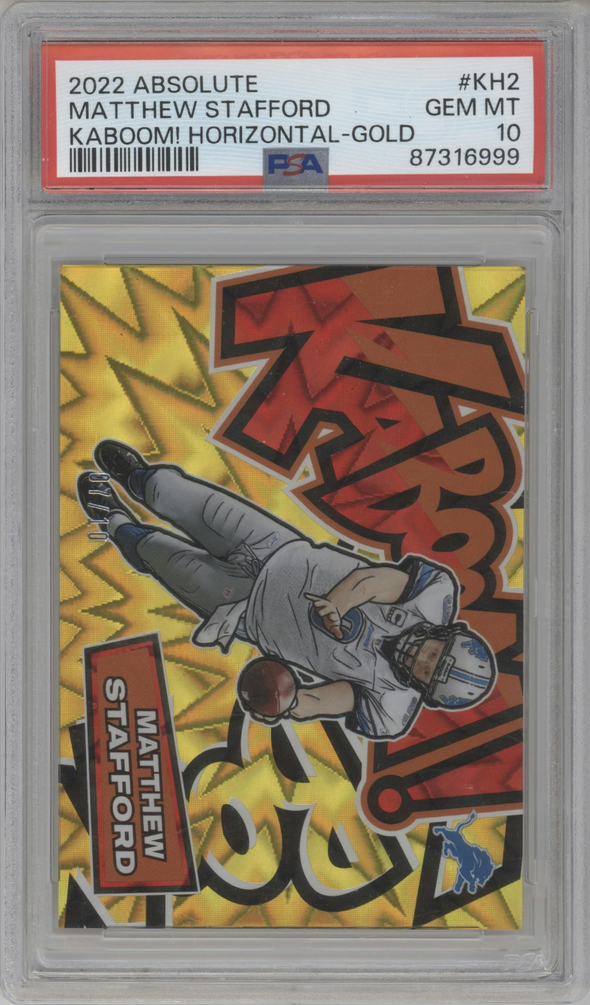 Matthew Stafford from the 2022 Panini Absolute set featuring a Gold parallel graded by PSA and given an overall grade of 10.