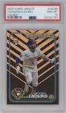 Jackson Chourio from the 2024 Topps Update set featuring a Holiday parallel graded by PSA and given an overall grade of 10.