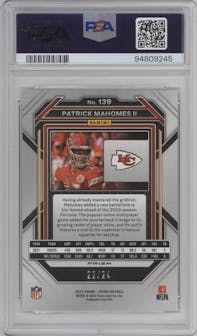 Patrick Mahomes II from the 2022 Panini Prizm set featuring a Gold Sparkle parallel graded by PSA and given an overall grade of 10.