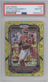 Patrick Mahomes II from the 2022 Panini Prizm set featuring a Gold Sparkle parallel graded by PSA and given an overall grade of 10.