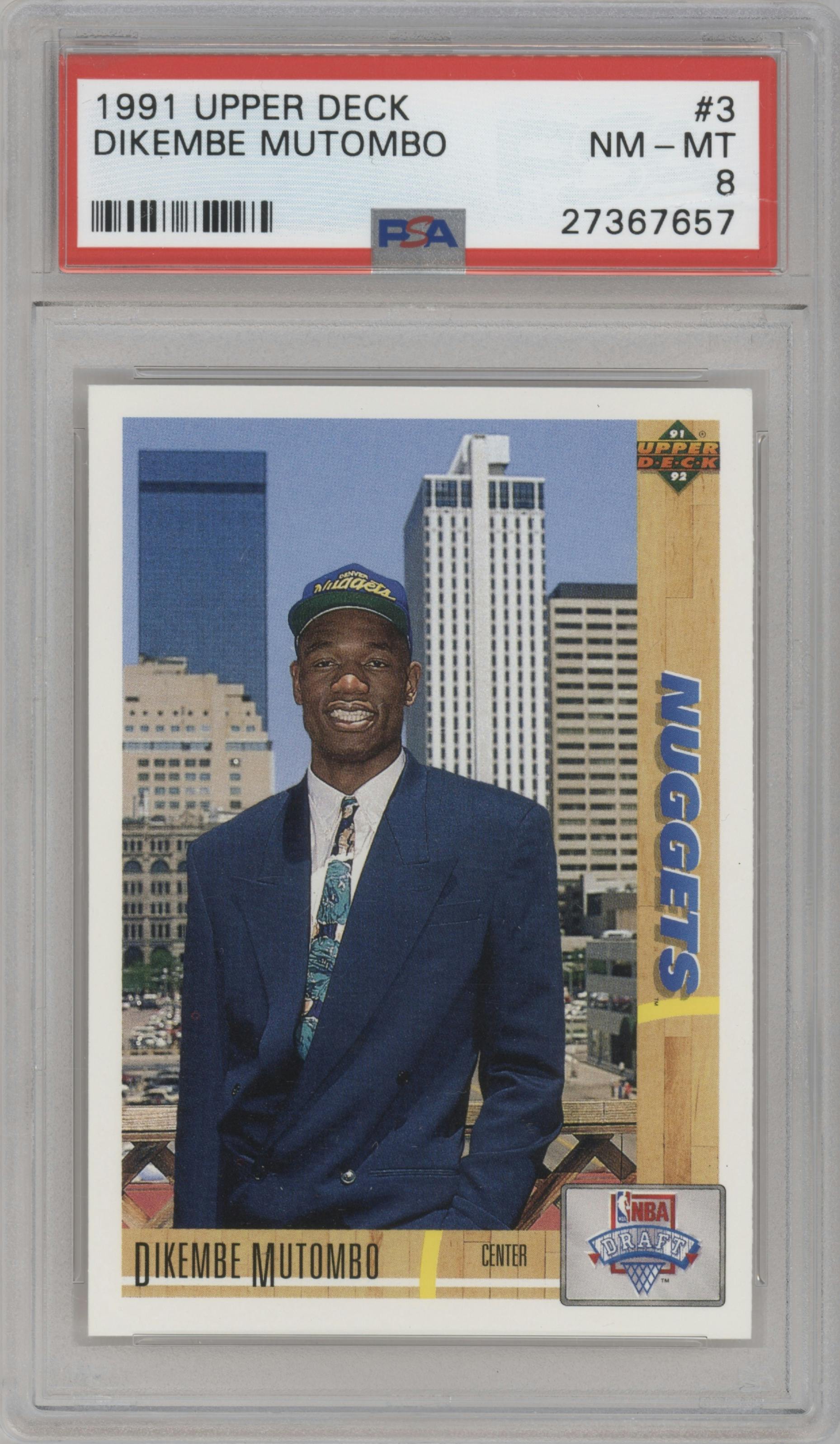 Dikembe Mutombo from the 1991-92 Upper Deck set graded by PSA and given an overall grade of 8.