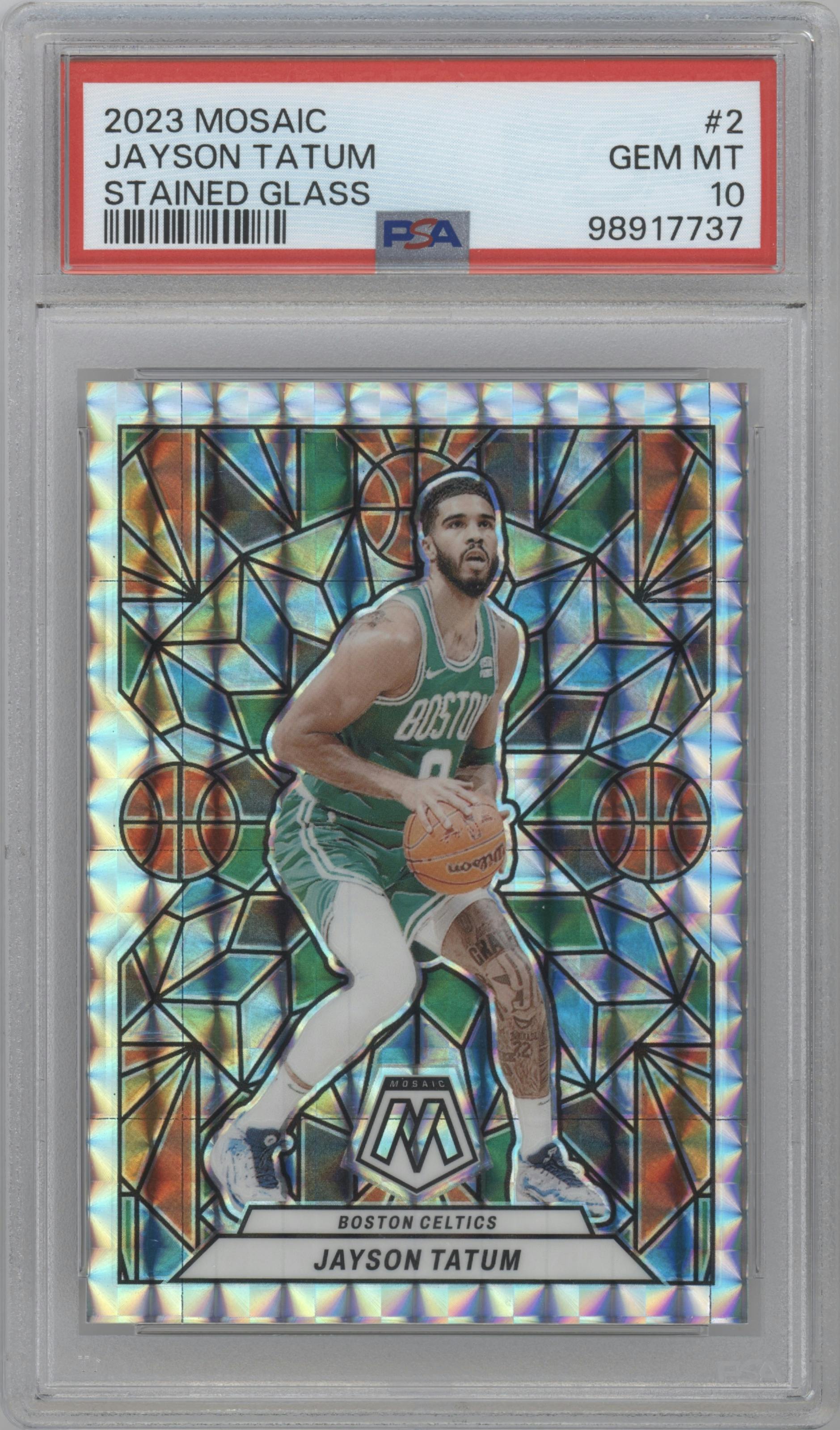 Jayson Tatum from the 2023-24 Panini Mosaic set graded by PSA and given an overall grade of 10.