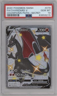 Charizard V from the 2020 Pokemon SWSH set graded by PSA and given an overall grade of 10.