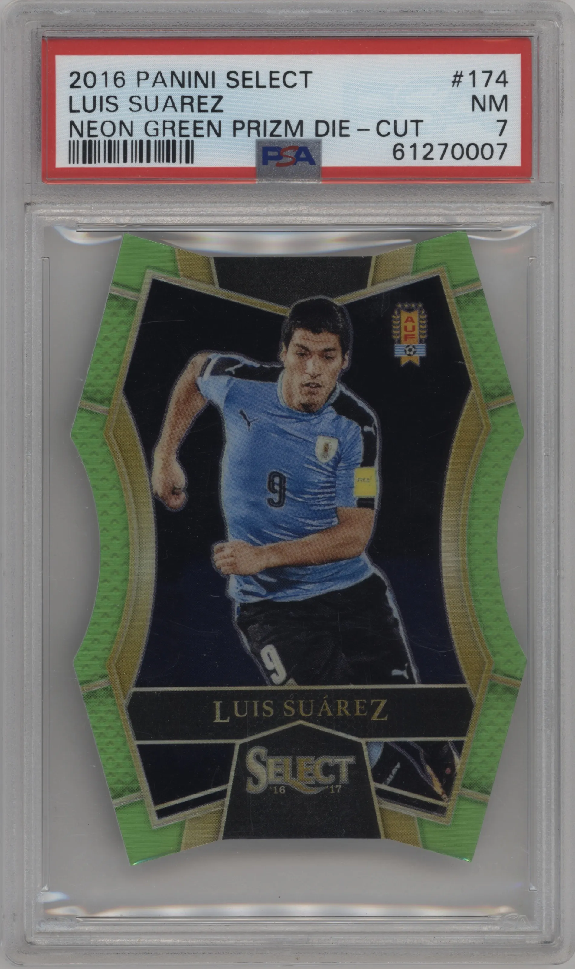 2016 Panini Select Mezzanine Luis Suarez Neon Green Die-Cut #174 PSA 7
