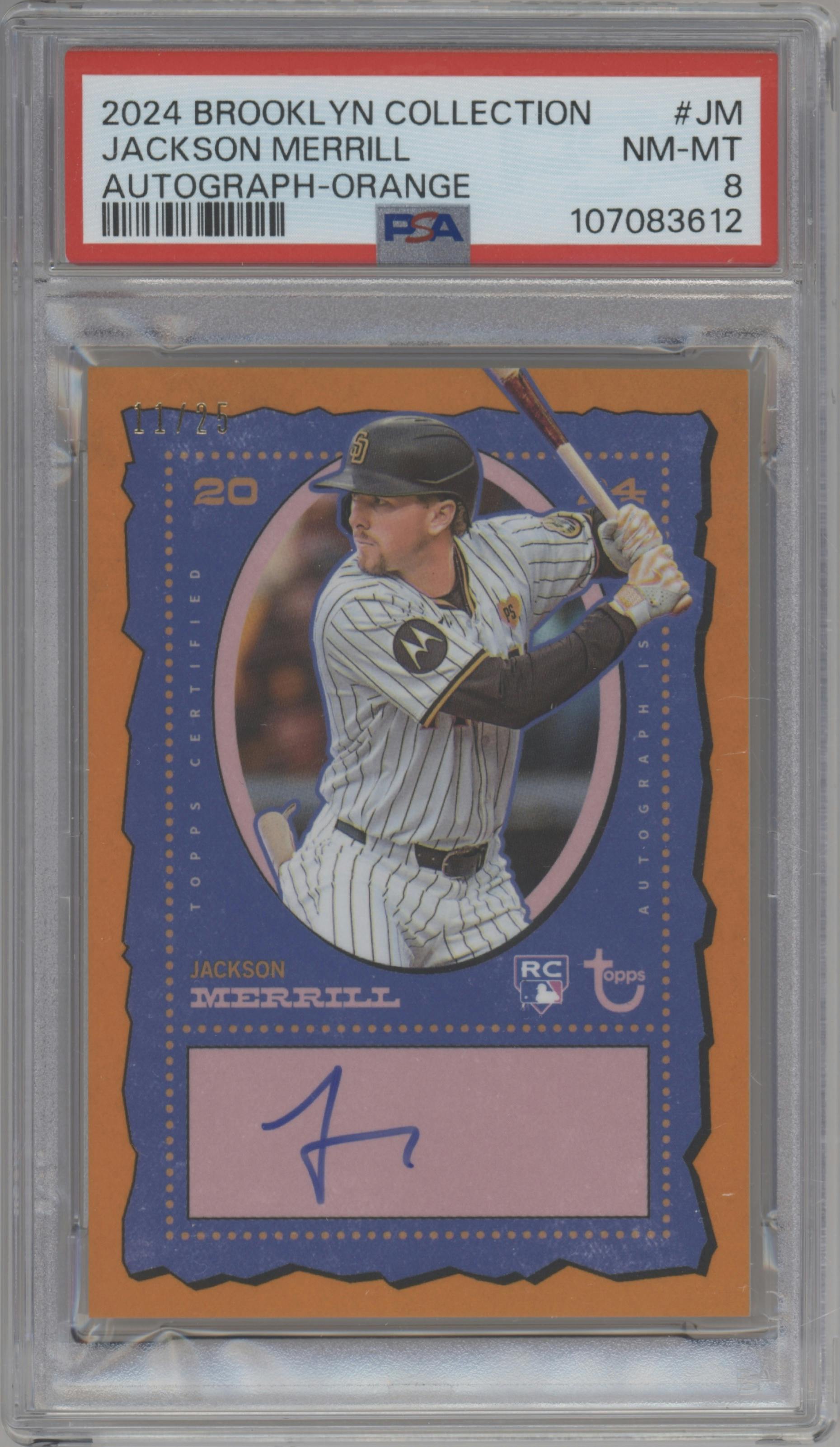Jackson Merrill from the 2024 Topps Brooklyn Collection set featuring a Orange parallel graded by PSA and given an overall grade of 8.