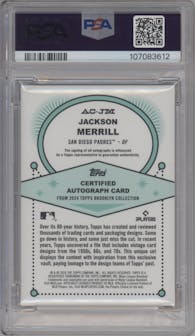 Jackson Merrill from the 2024 Topps Brooklyn Collection set featuring a Orange parallel graded by PSA and given an overall grade of 8.