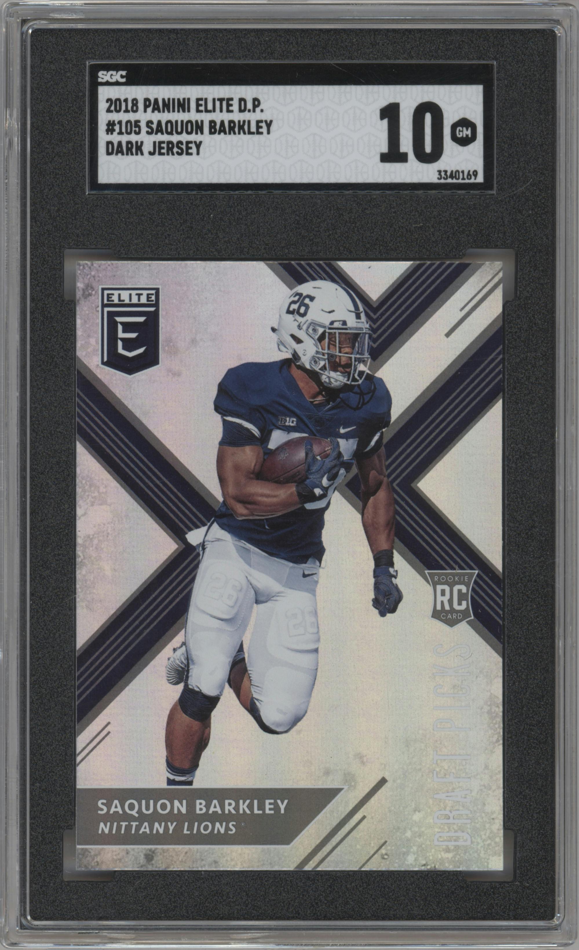 Saquon Barkley from the 2018 Panini Elite Draft Picks Collegiate set graded by SGC and given an overall grade of 10.