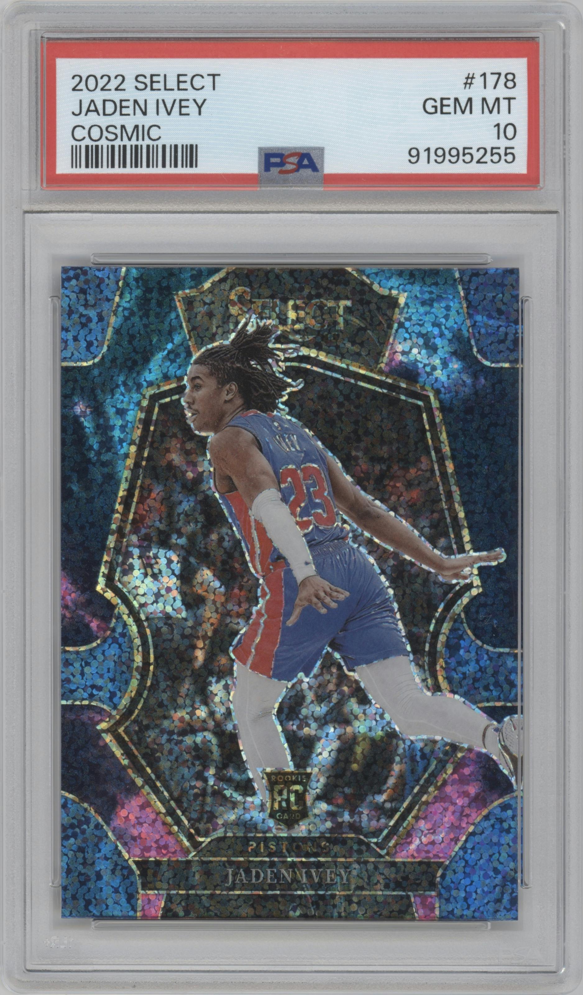 Jaden Ivey from the 2022-23 Panini Select set featuring a Cosmic parallel graded by PSA and given an overall grade of 10.