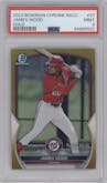 James Wood from the 2023 Topps The National VIP set featuring a Gold Refractor parallel graded by PSA and given an overall grade of 9.