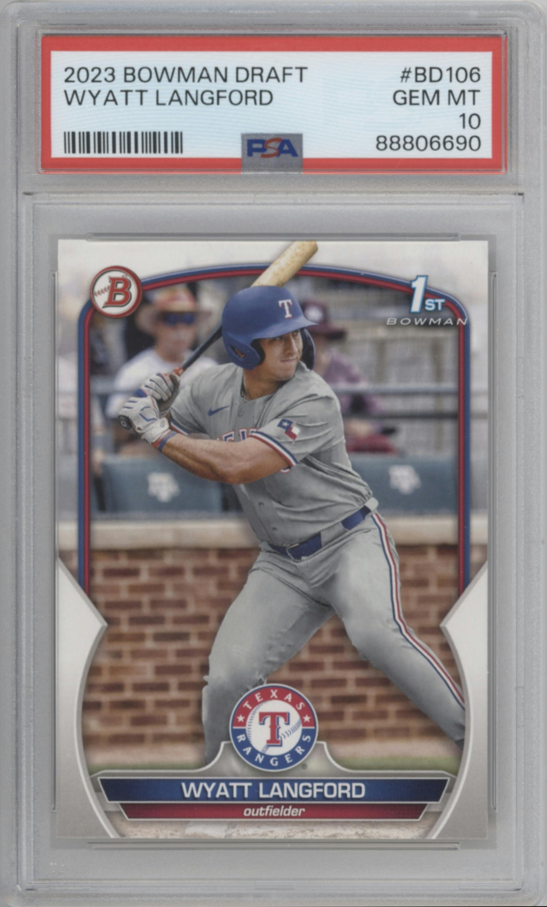 Wyatt Langford from the 2023 Bowman Draft set graded by PSA and given an overall grade of 10.