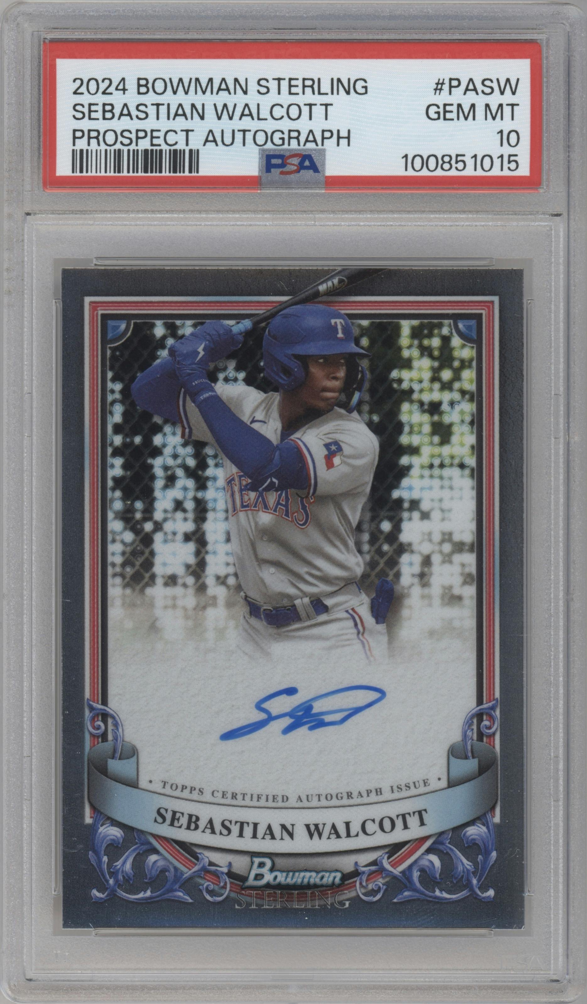 Sebastian Walcott	 from the 2024 Bowman Sterling set graded by PSA and given an overall grade of 10.