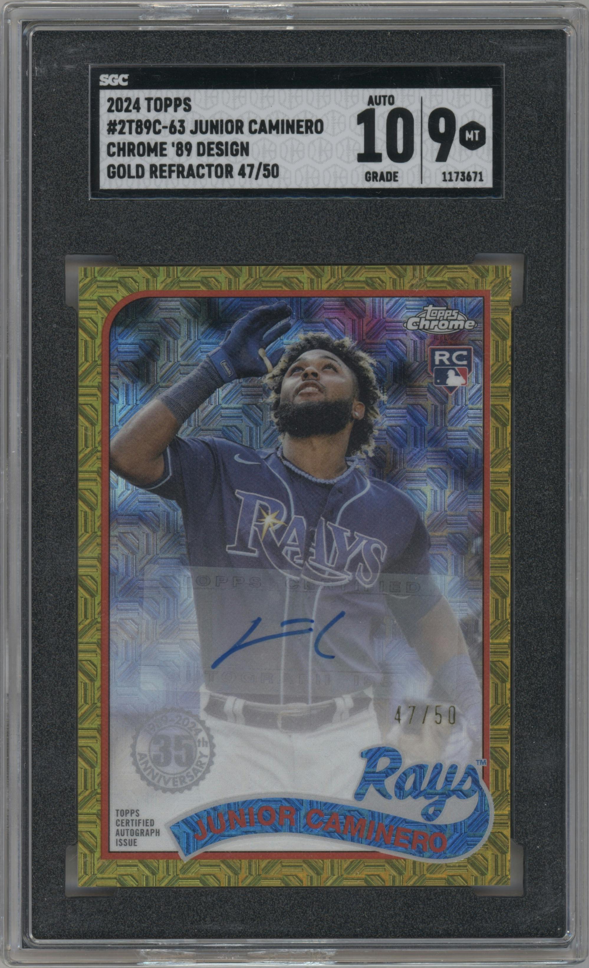 Junior Caminero from the 2024 Topps Series 2 Silver Pack set featuring a Gold parallel graded by SGC and given an overall grade of 9.