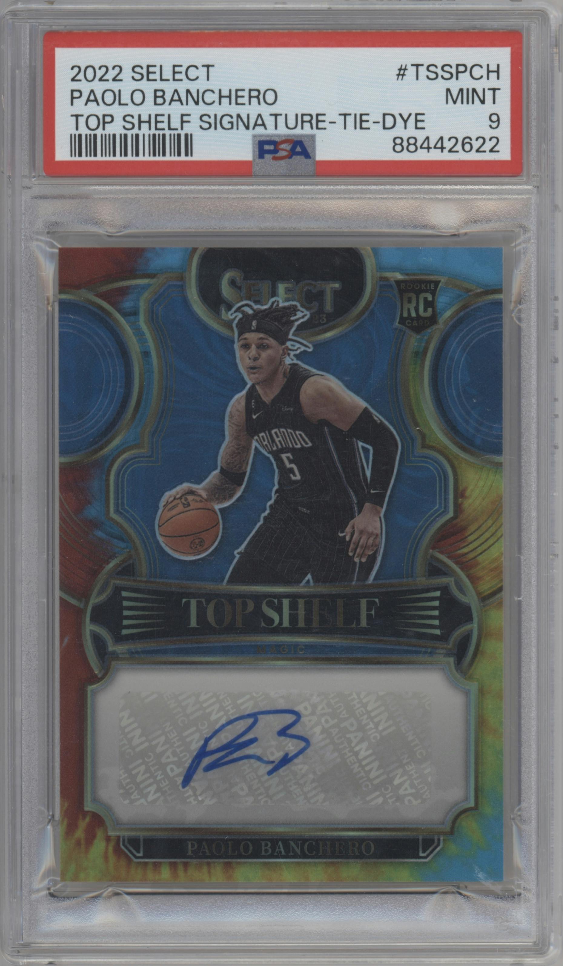 Paolo Banchero from the 2022-23 Panini Select set featuring a Tie-Dye parallel graded by PSA and given an overall grade of 9.