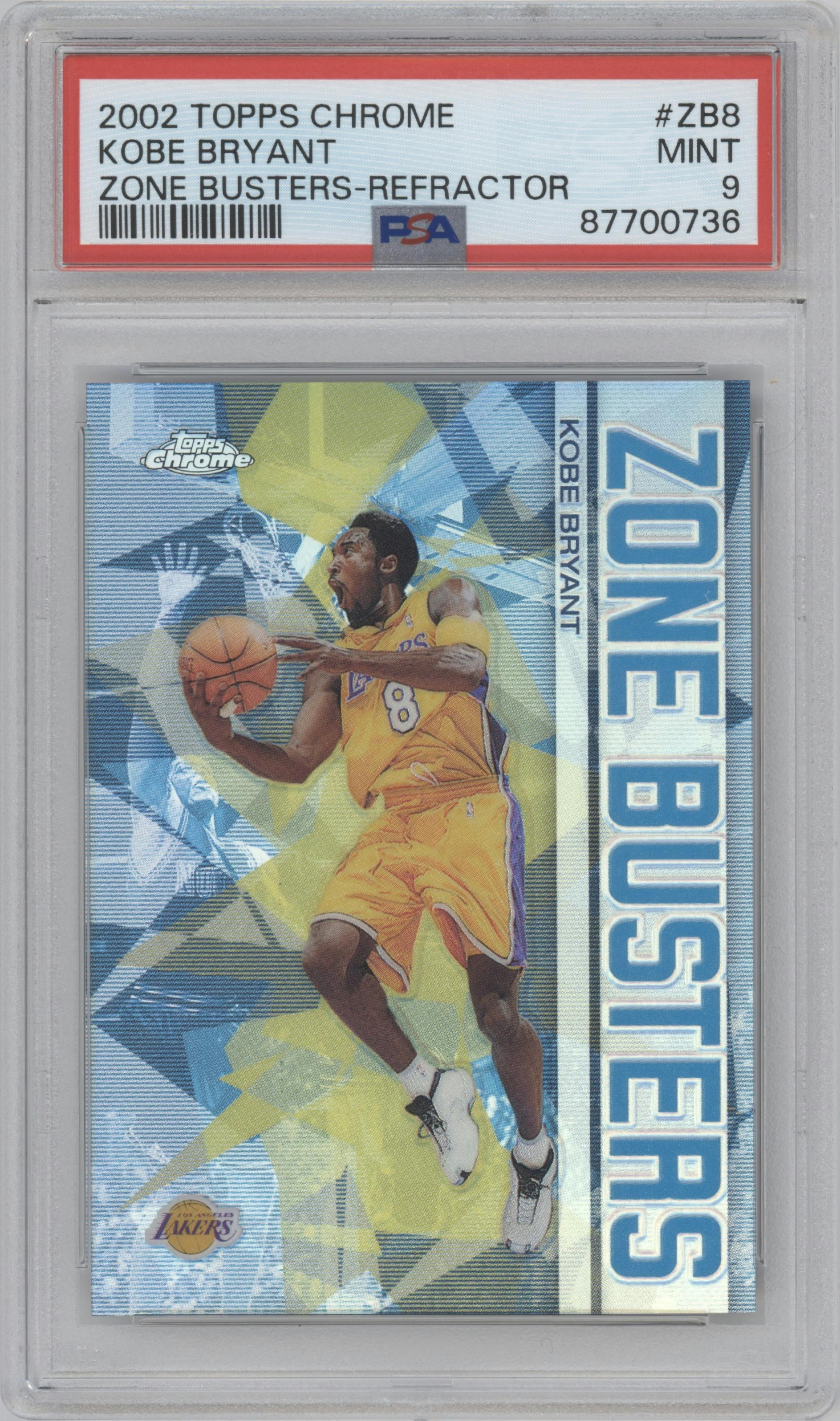 Kobe Bryant from the 2002-03 Topps Chrome set featuring a Refractor parallel graded by PSA and given an overall grade of 9.