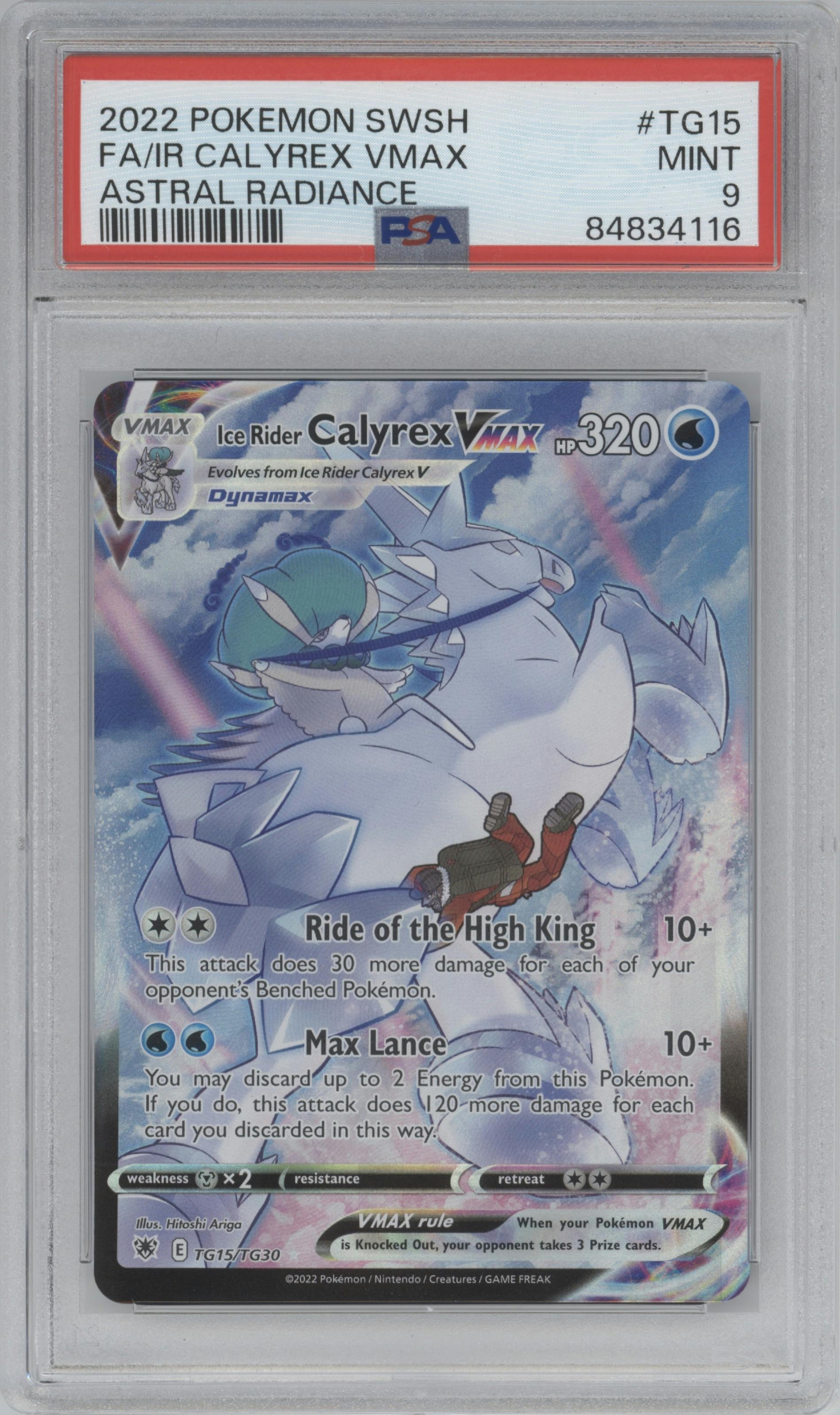 Ice Rider Calyrex VMAX from the 2022 Pokemon SWSH set graded by PSA and given an overall grade of 9.