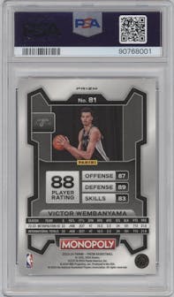 Victor Wembanyama from the 2023-24 Panini Prizm Monopoly set featuring a Purple Wave parallel graded by PSA and given an overall grade of 9.