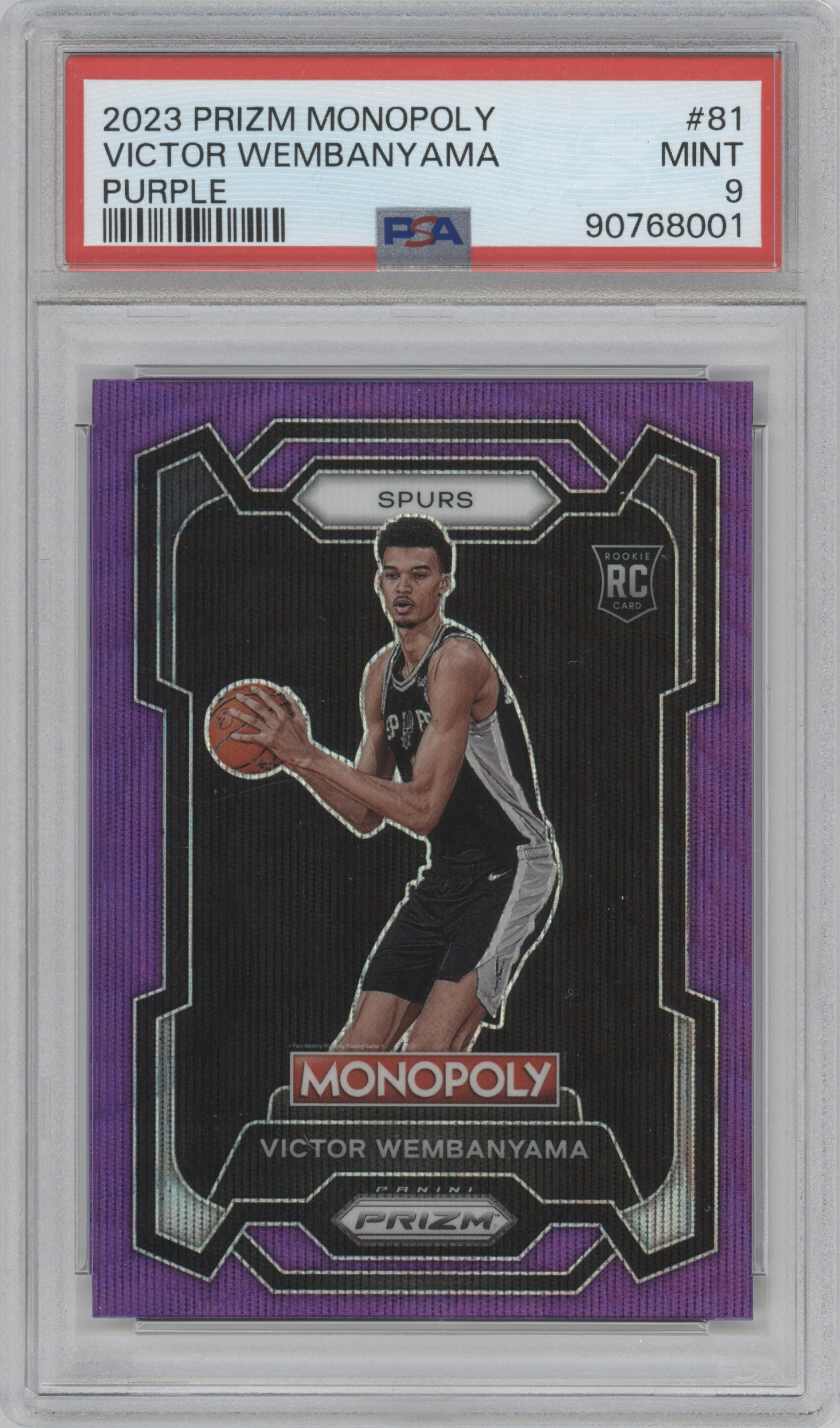 Victor Wembanyama from the 2023-24 Panini Prizm Monopoly set featuring a Purple Wave parallel graded by PSA and given an overall grade of 9.