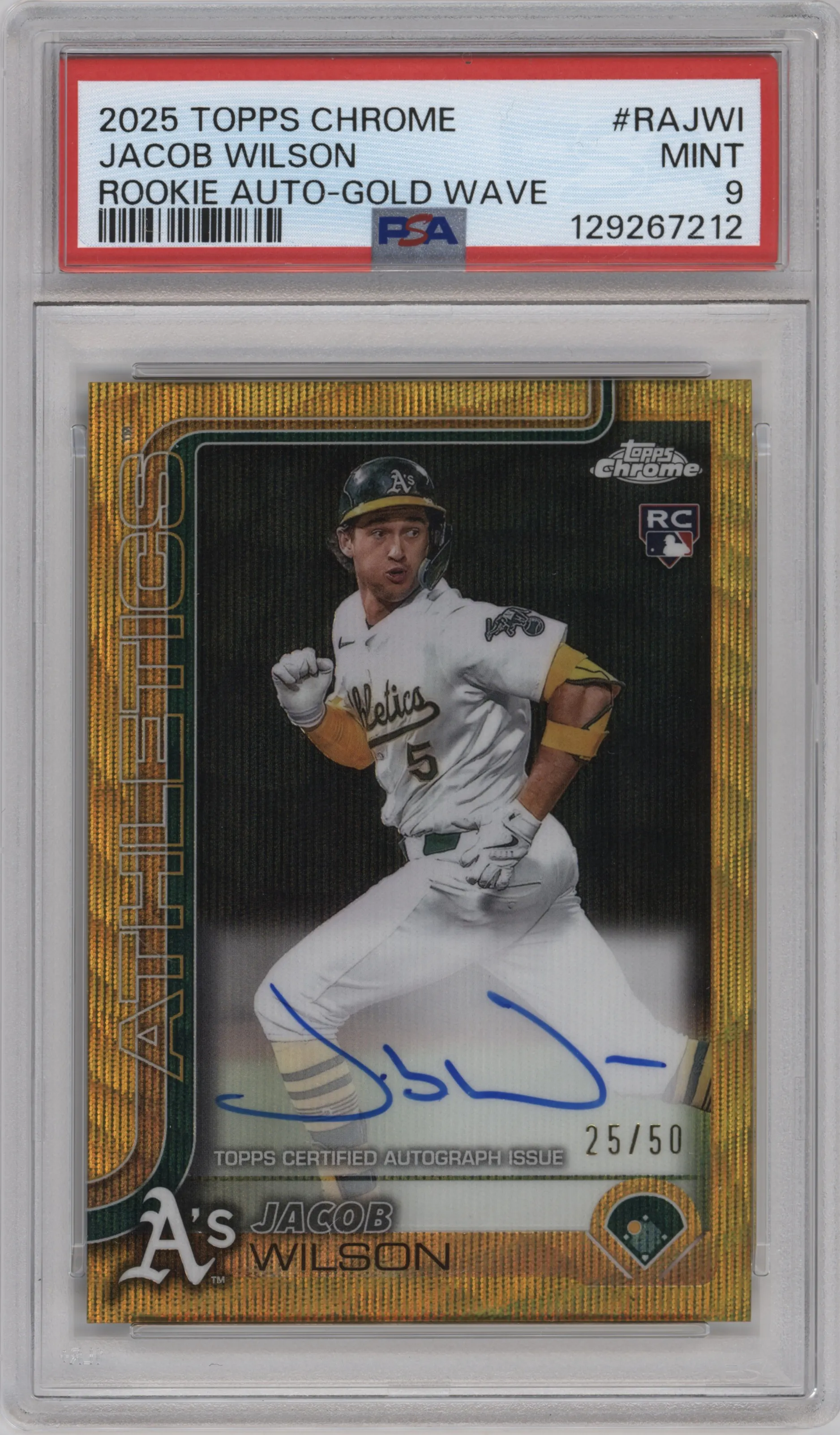Jacob Wilson from the 2025 Topps Chrome set featuring a Gold Wave Refractor parallel graded by PSA and given an overall grade of 9.
