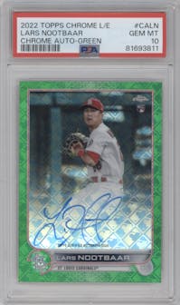 Lars Nootbaar from the 2022 Topps Chrome Logofractor set featuring a Green parallel graded by PSA and given an overall grade of 10.