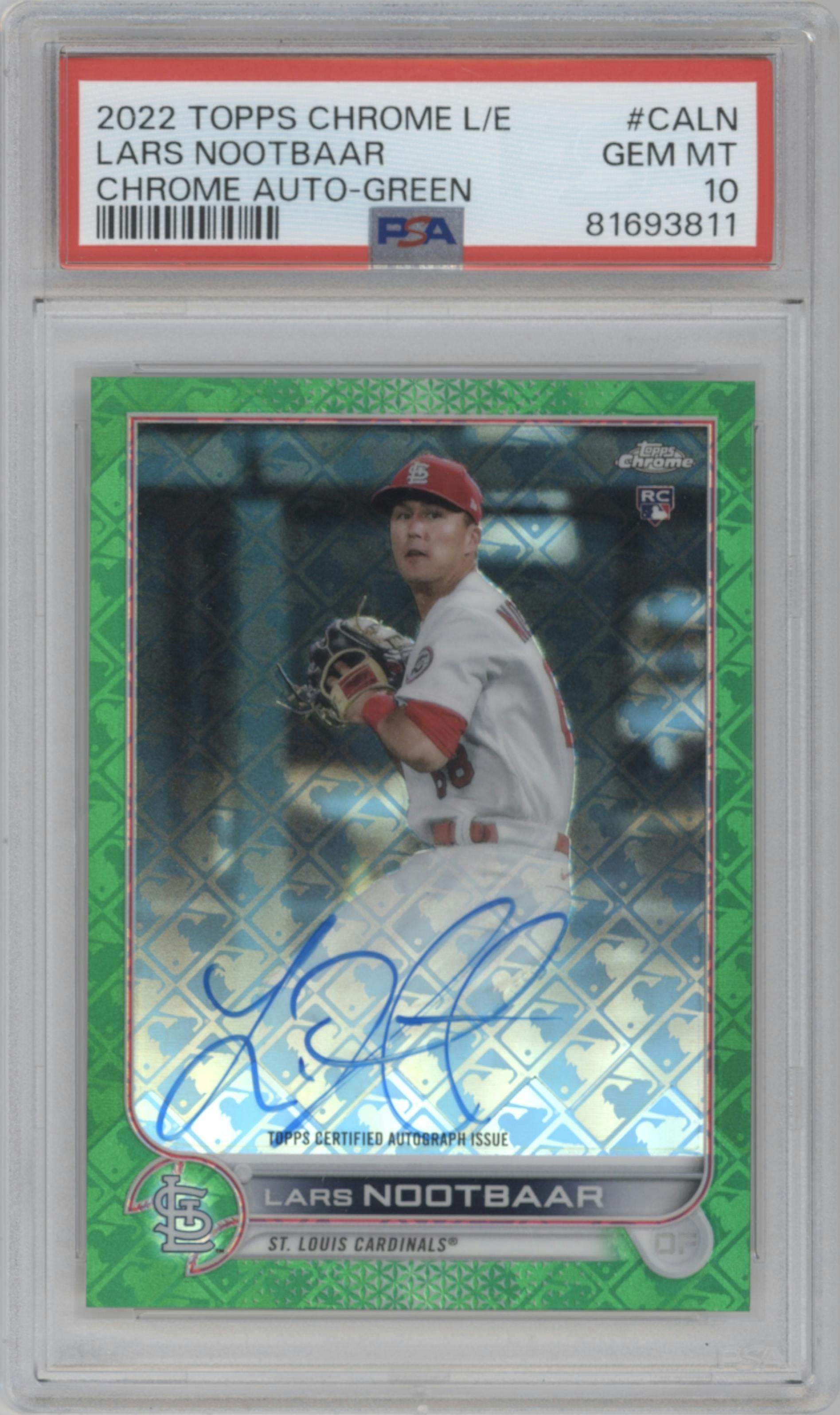 Lars Nootbaar from the 2022 Topps Chrome Logofractor set featuring a Green parallel graded by PSA and given an overall grade of 10.