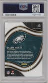 Jalen Hurts from the 2020 Panini Select set featuring a Silver Prizm parallel graded by PSA and given an overall grade of 9.