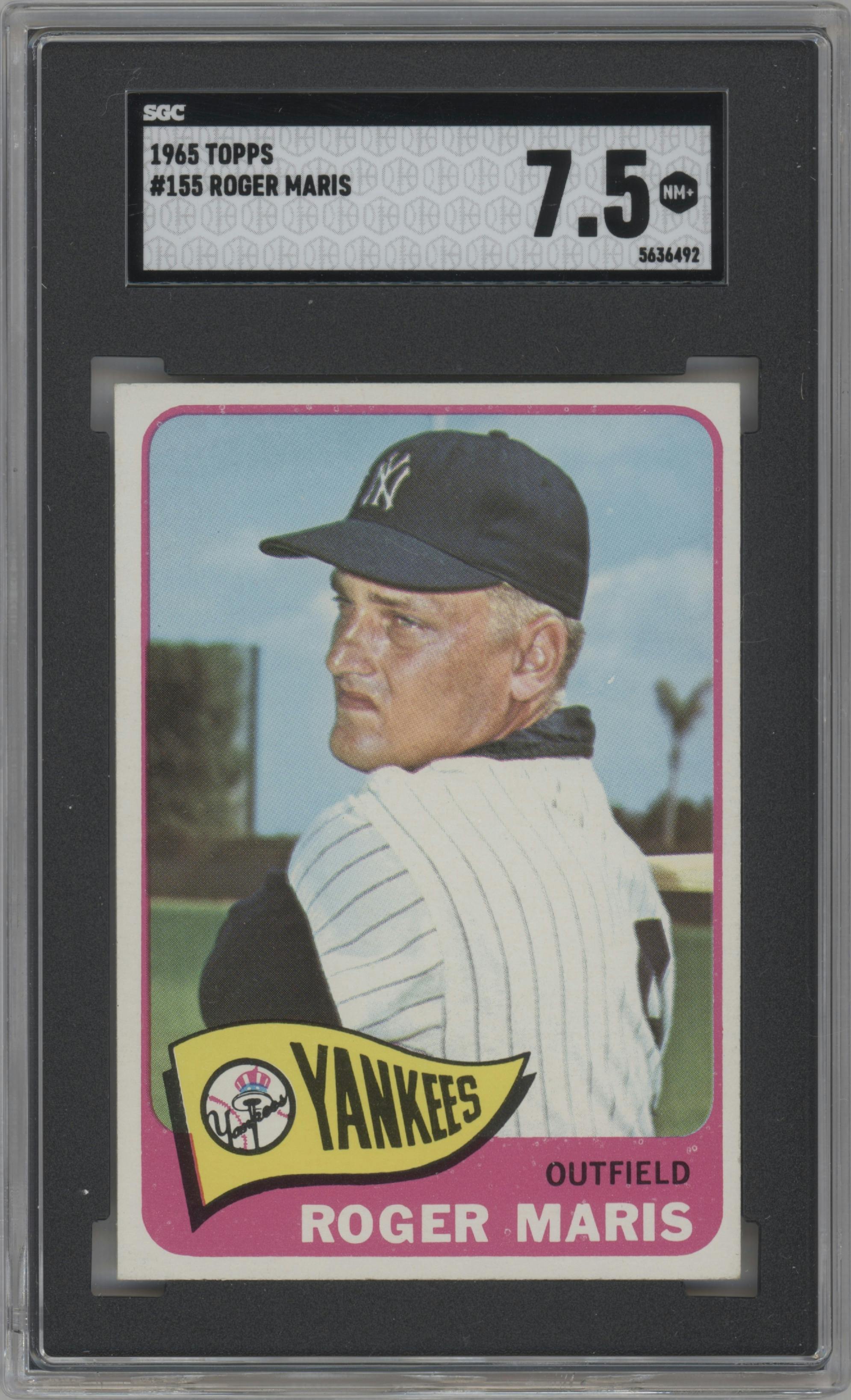Roger Maris from the 1965 Topps set graded by SGC and given an overall grade of 7.5.