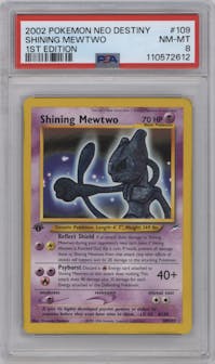Shining Mewtwo from the 2002 Pokemon Neo Genesis set graded by PSA and given an overall grade of 8.