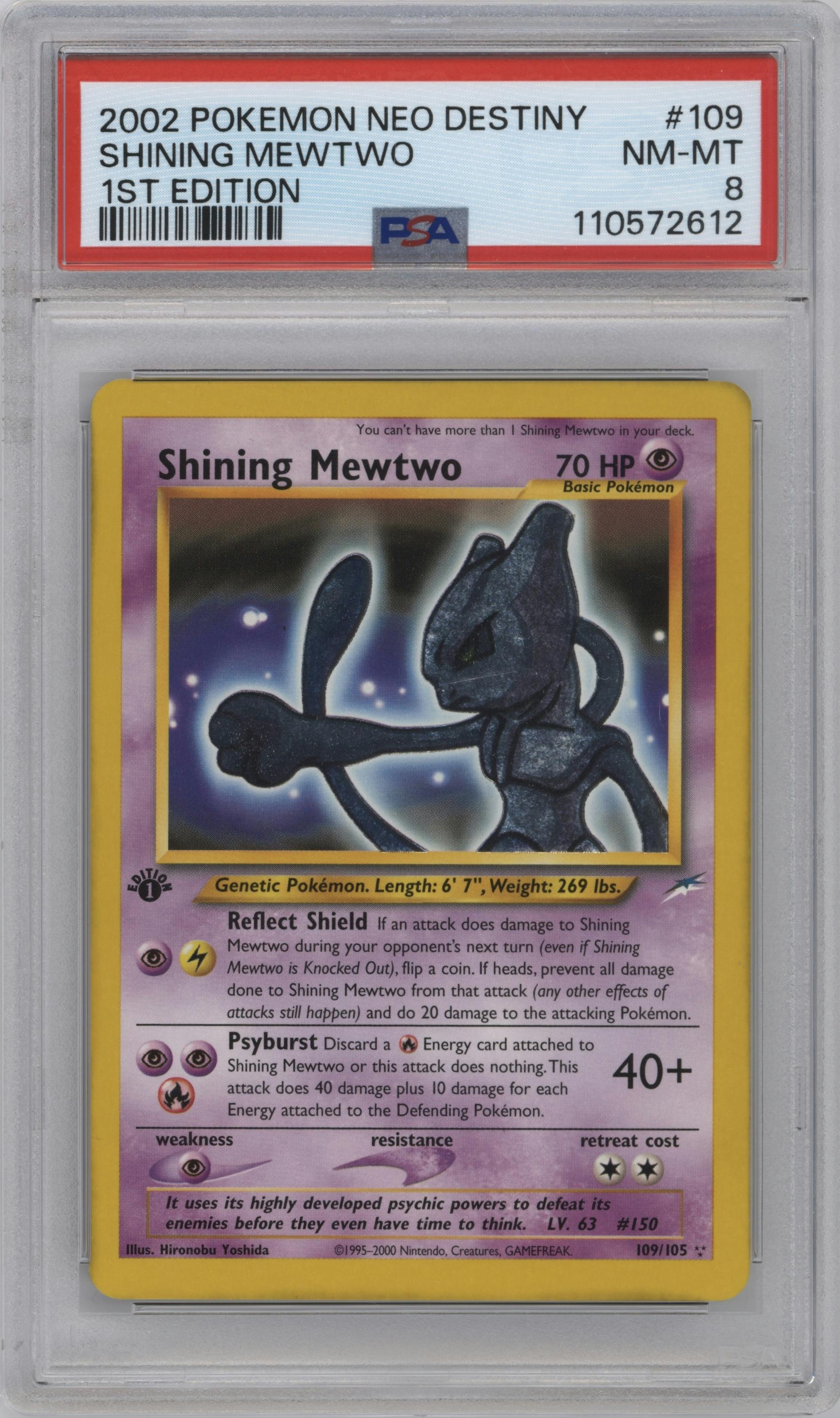 Shining Mewtwo from the 2002 Pokemon Neo Genesis set graded by PSA and given an overall grade of 8.