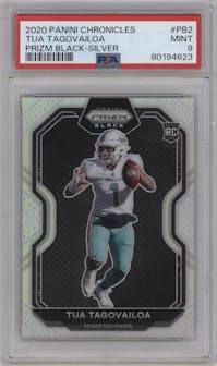 Tua Tagovailoa from the 2020 Panini Chronicles set featuring a Silver parallel graded by PSA and given an overall grade of 9.