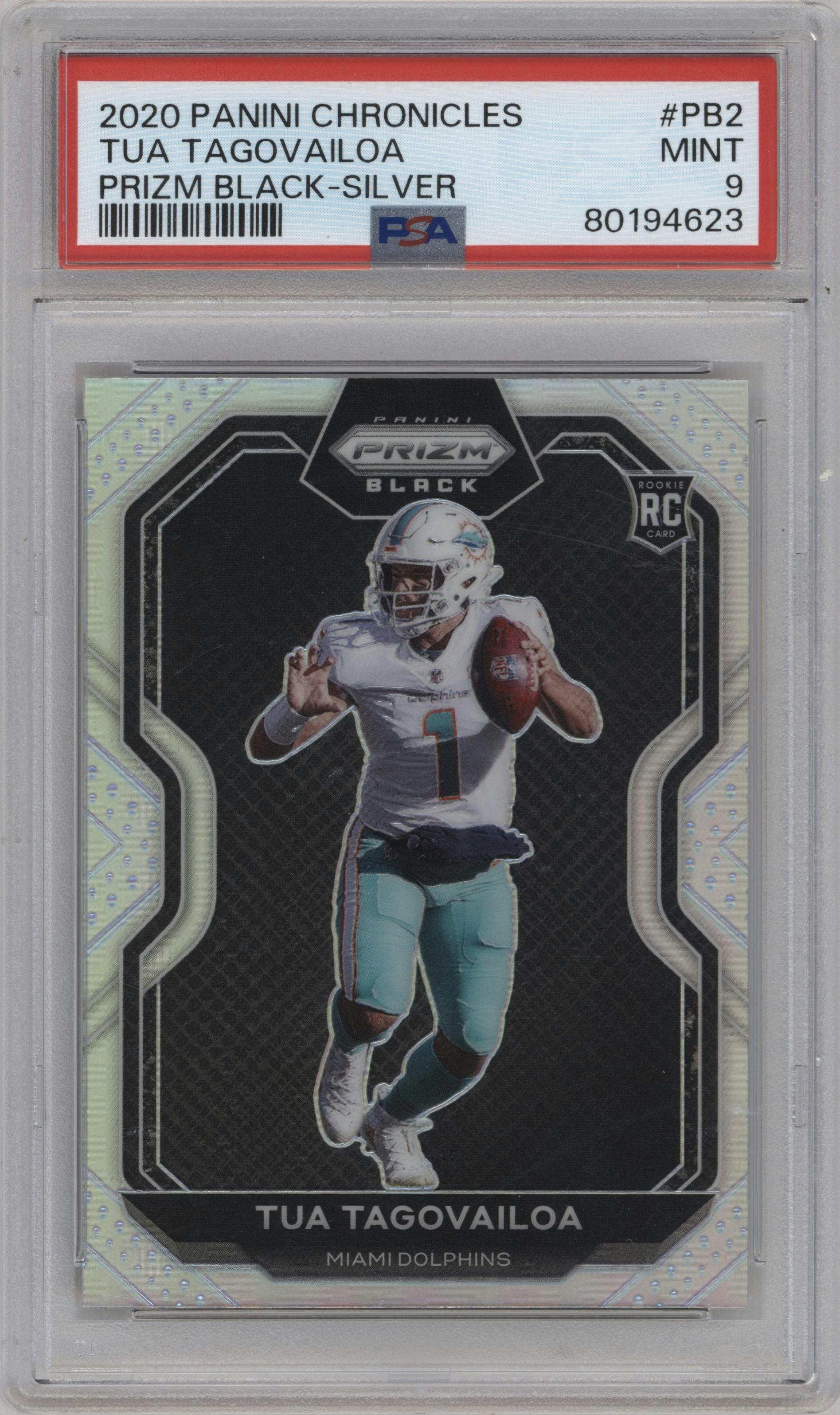 Tua Tagovailoa from the 2020 Panini Chronicles set featuring a Silver parallel graded by PSA and given an overall grade of 9.