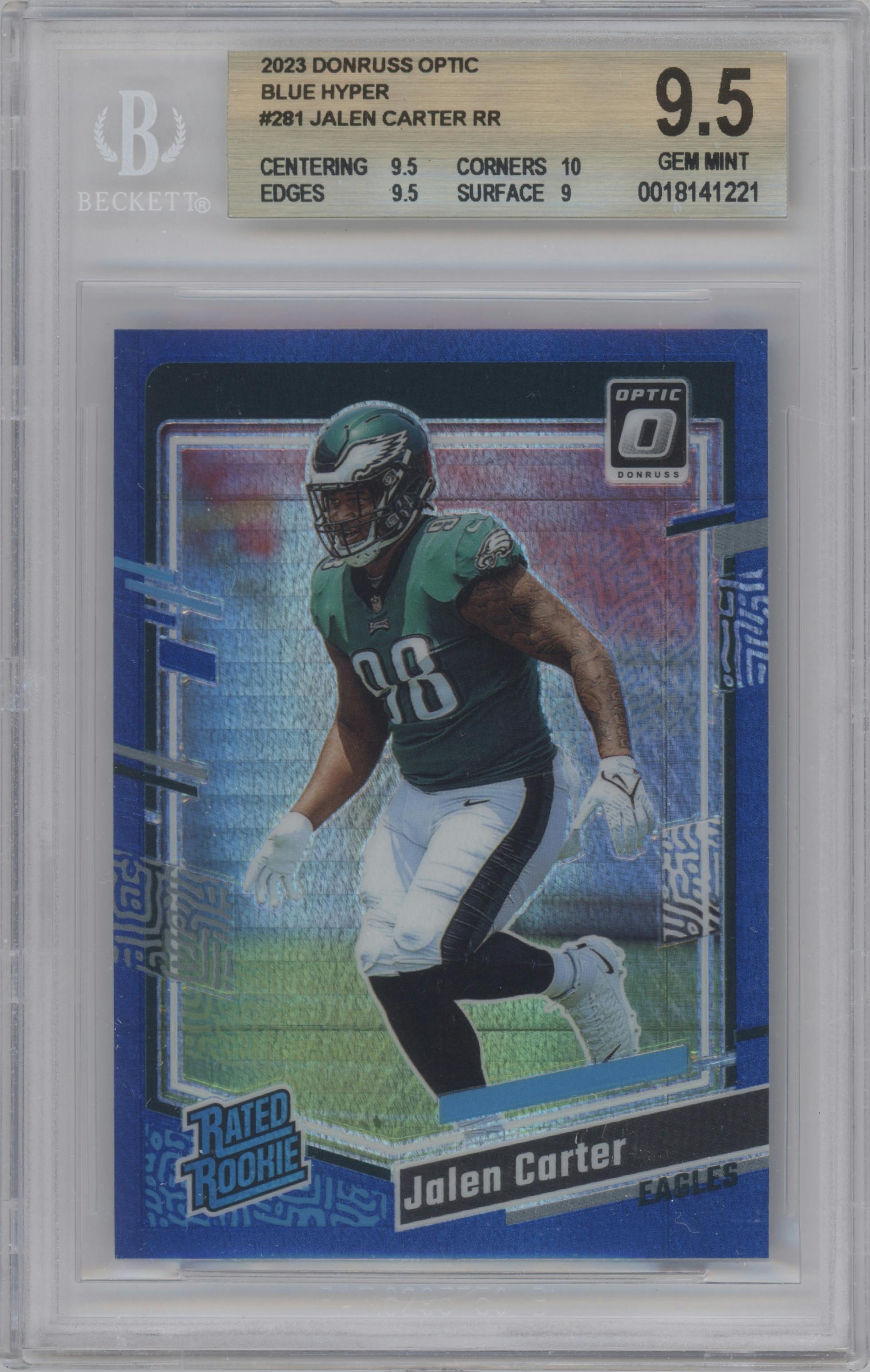 Jalen Carter from the 2023 Donruss Optic set featuring a Hyper Blue parallel graded by Beckett and given an overall grade of 9.5.