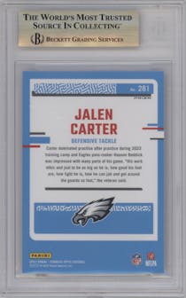 Jalen Carter from the 2023 Donruss Optic set featuring a Hyper Blue parallel graded by Beckett and given an overall grade of 9.5.