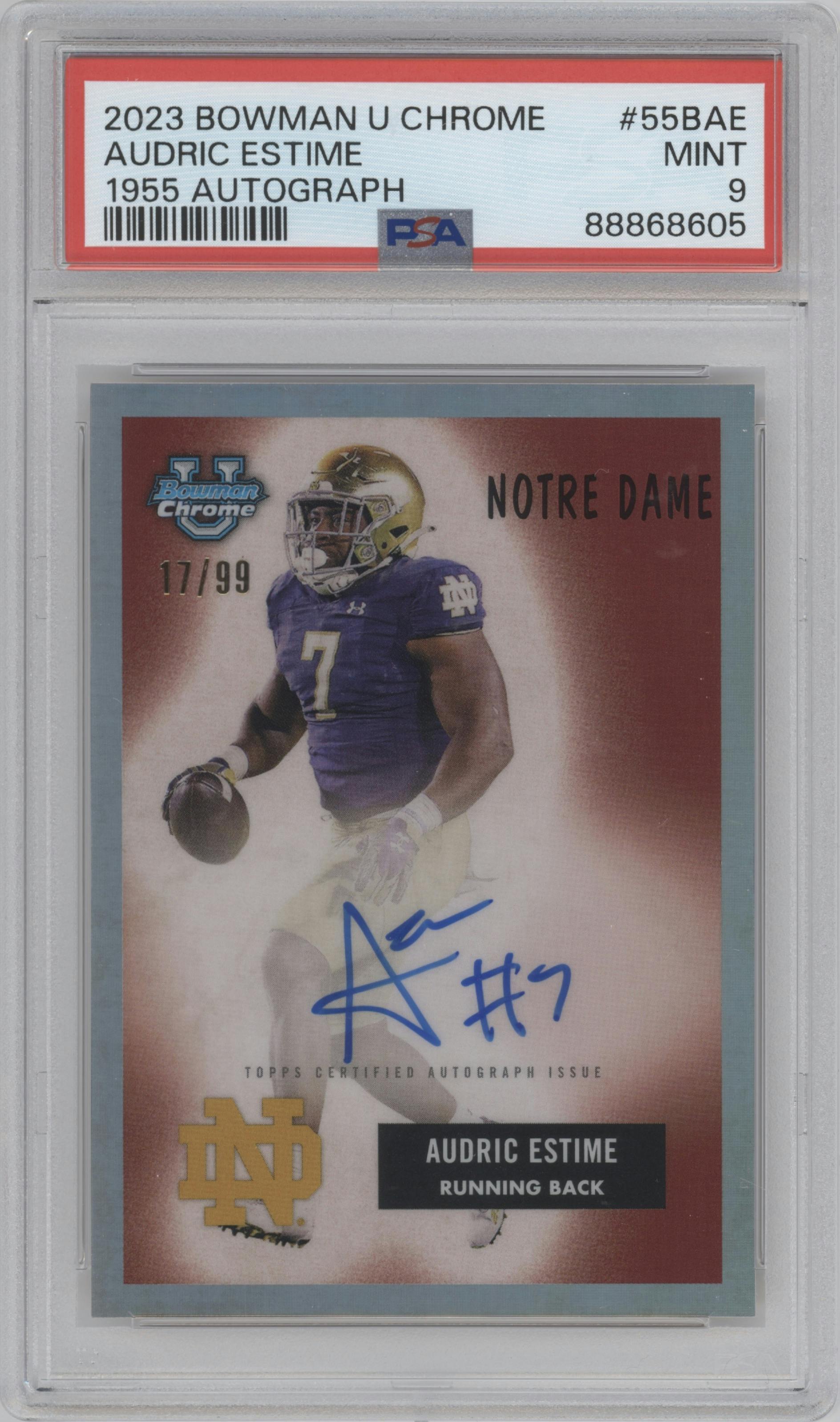 Audric Estime from the 2023 Bowman Chrome University set graded by PSA and given an overall grade of 9.