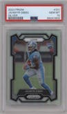 Jahmyr Gibbs from the 2023 Panini Prizm set featuring a Silver Prizm parallel graded by PSA and given an overall grade of 10.