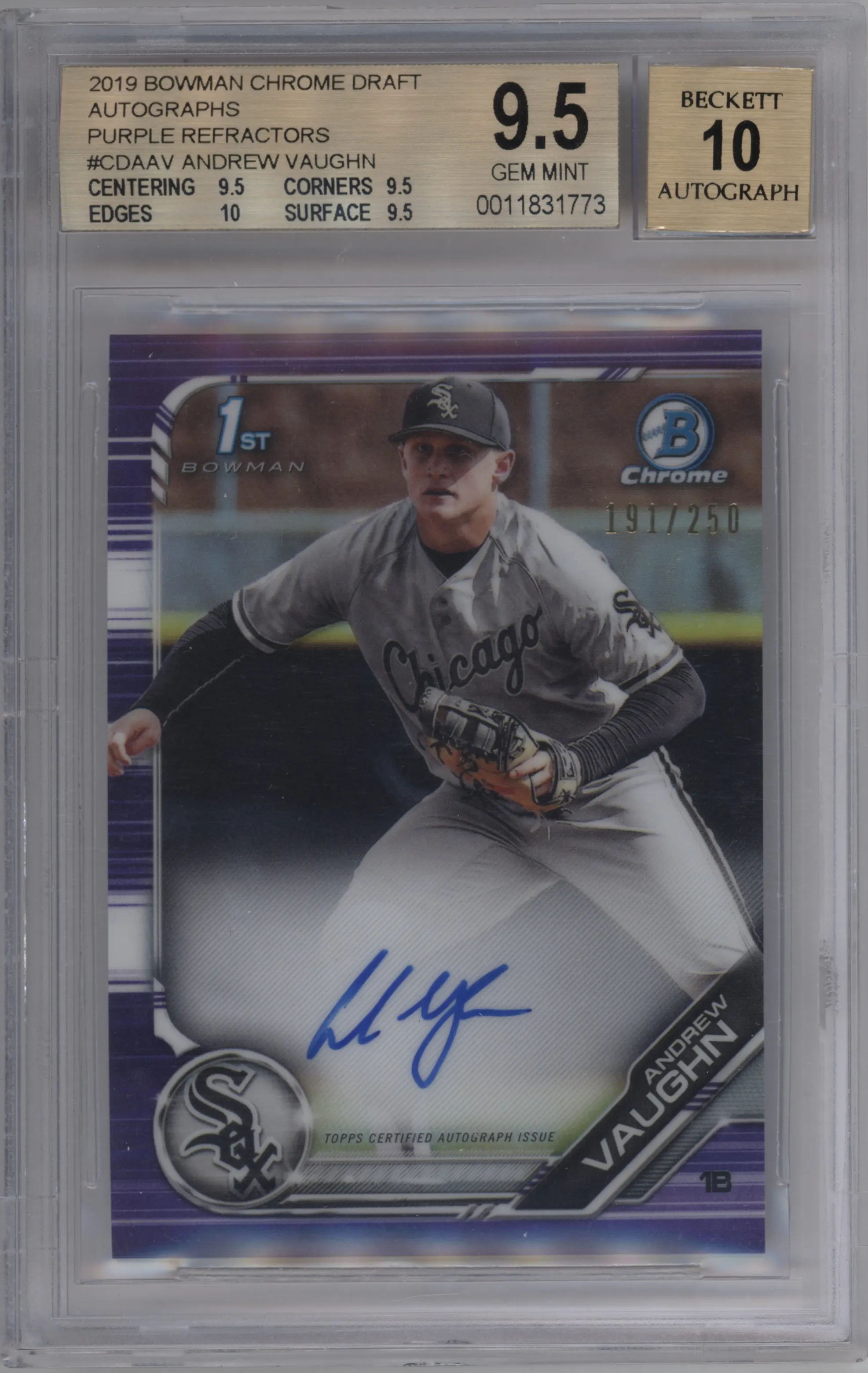 2019 Bowman Draft Chr.DP Auto Andrew Vaughn Purple Refractor BGS 9.5
