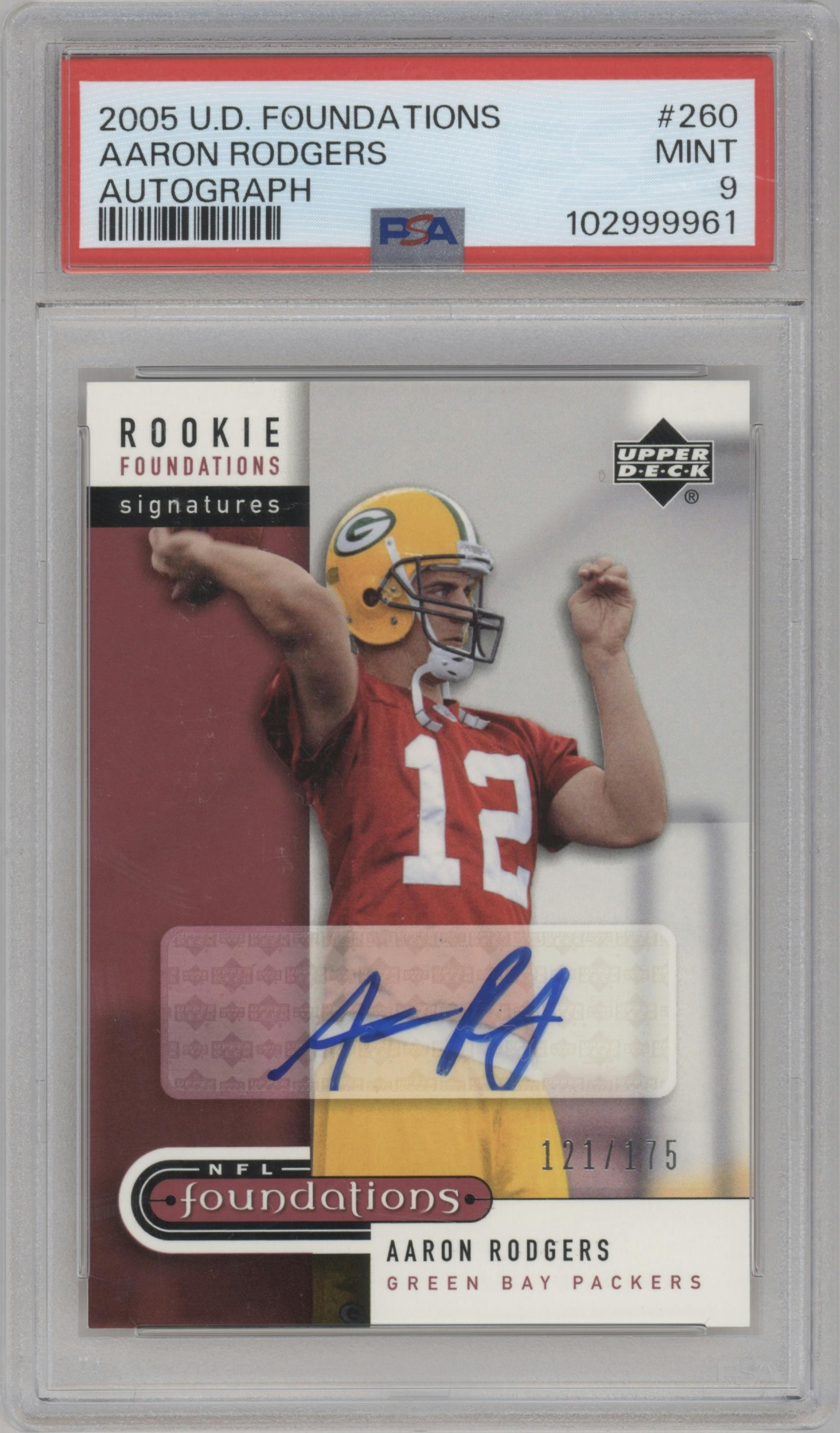 Aaron Rodgers from the 2005 Upper Deck Foundations set graded by PSA and given an overall grade of 9.