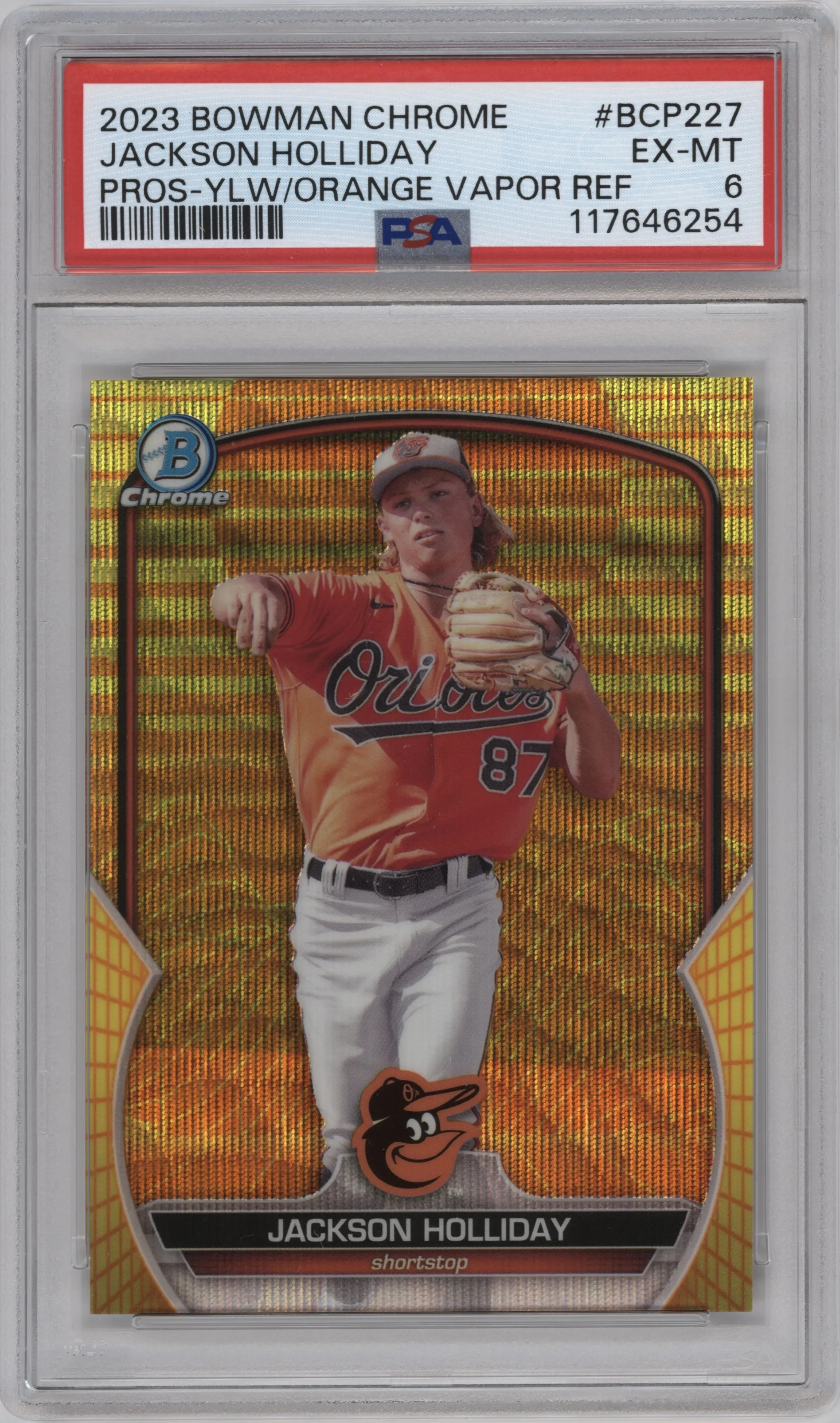 2023 Bowman Chrome Prospect Jackson Holliday Yellow/Orange Vapor PSA 6