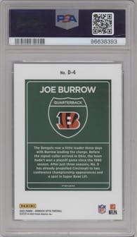 Joe Burrow from the 2023 Donruss Optic set graded by PSA and given an overall grade of 10.