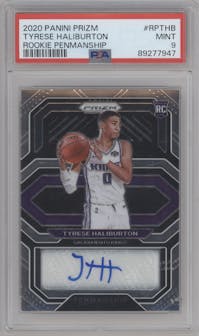 Tyrese Haliburton from the 2020-21 Panini Prizm set graded by PSA and given an overall grade of 9.