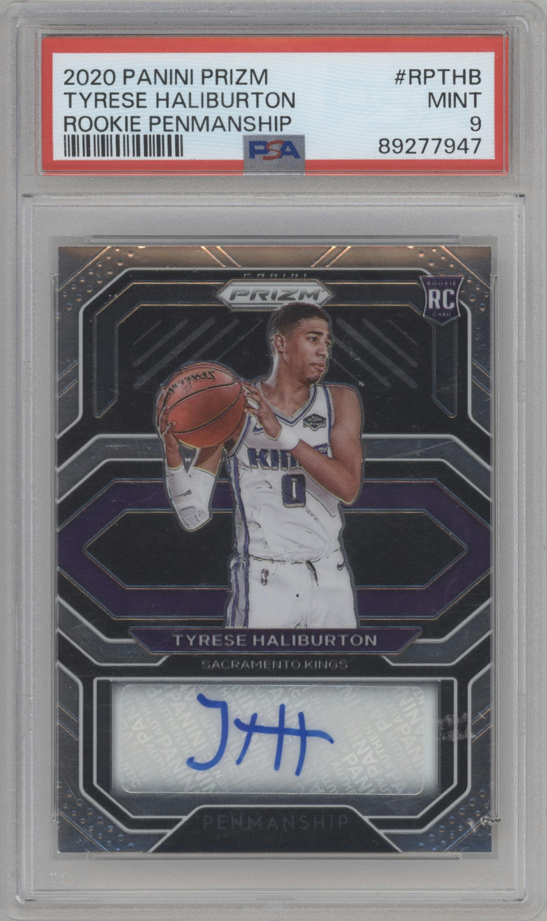 Tyrese Haliburton from the 2020-21 Panini Prizm set graded by PSA and given an overall grade of 9.