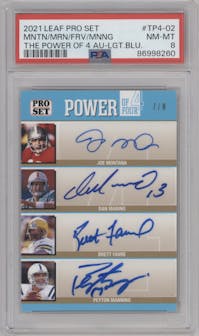 Joe Montana/Dan Marino/Brett Favre/Peyton Manning from the 2021 Pro Set Sports Multi-Sport set featuring a Light Blue parallel graded by PSA and given an overall grade of 8.