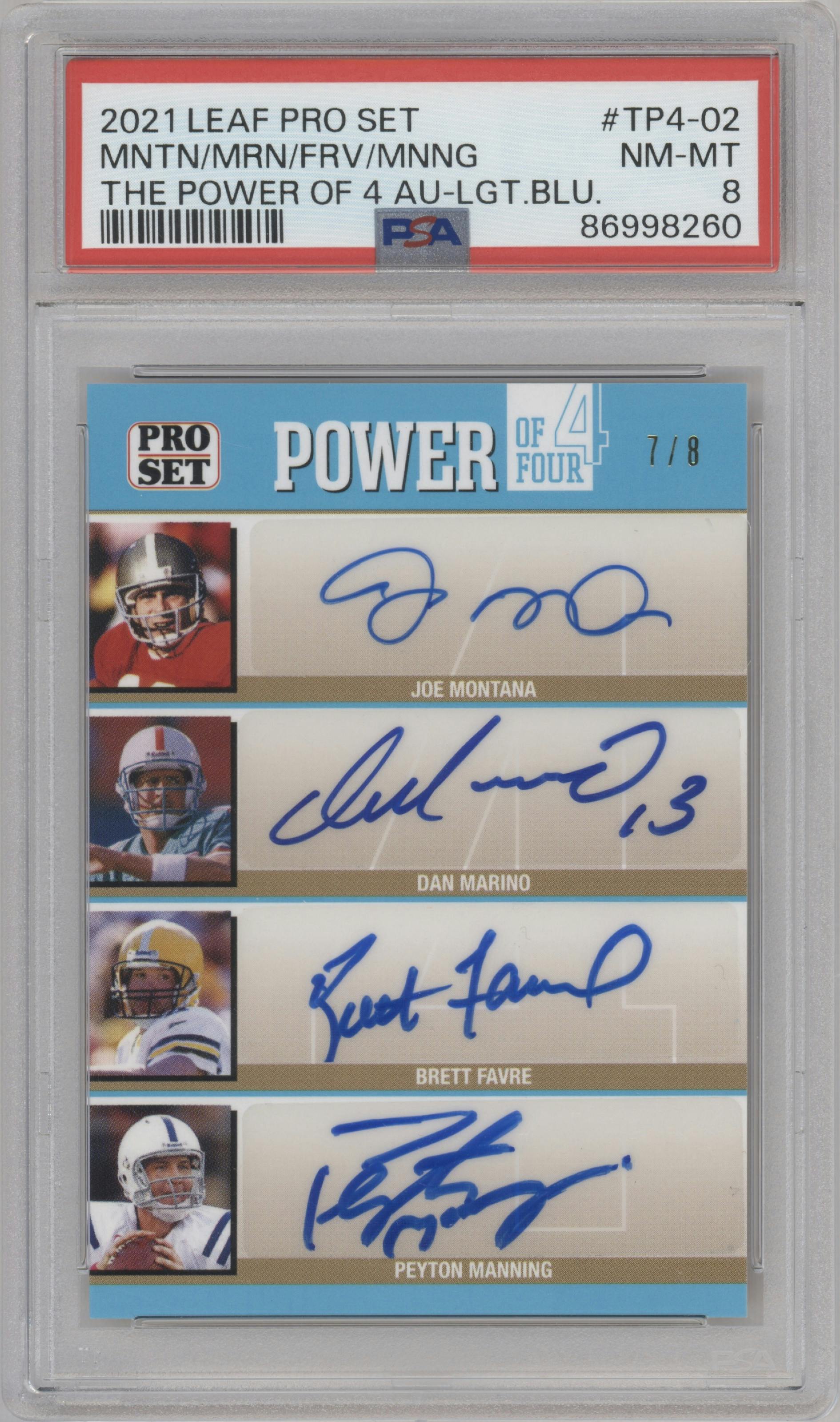 Joe Montana/Dan Marino/Brett Favre/Peyton Manning from the 2021 Pro Set Sports Multi-Sport set featuring a Light Blue parallel graded by PSA and given an overall grade of 8.