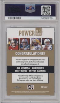 Joe Montana/Dan Marino/Brett Favre/Peyton Manning from the 2021 Pro Set Sports Multi-Sport set featuring a Light Blue parallel graded by PSA and given an overall grade of 8.
