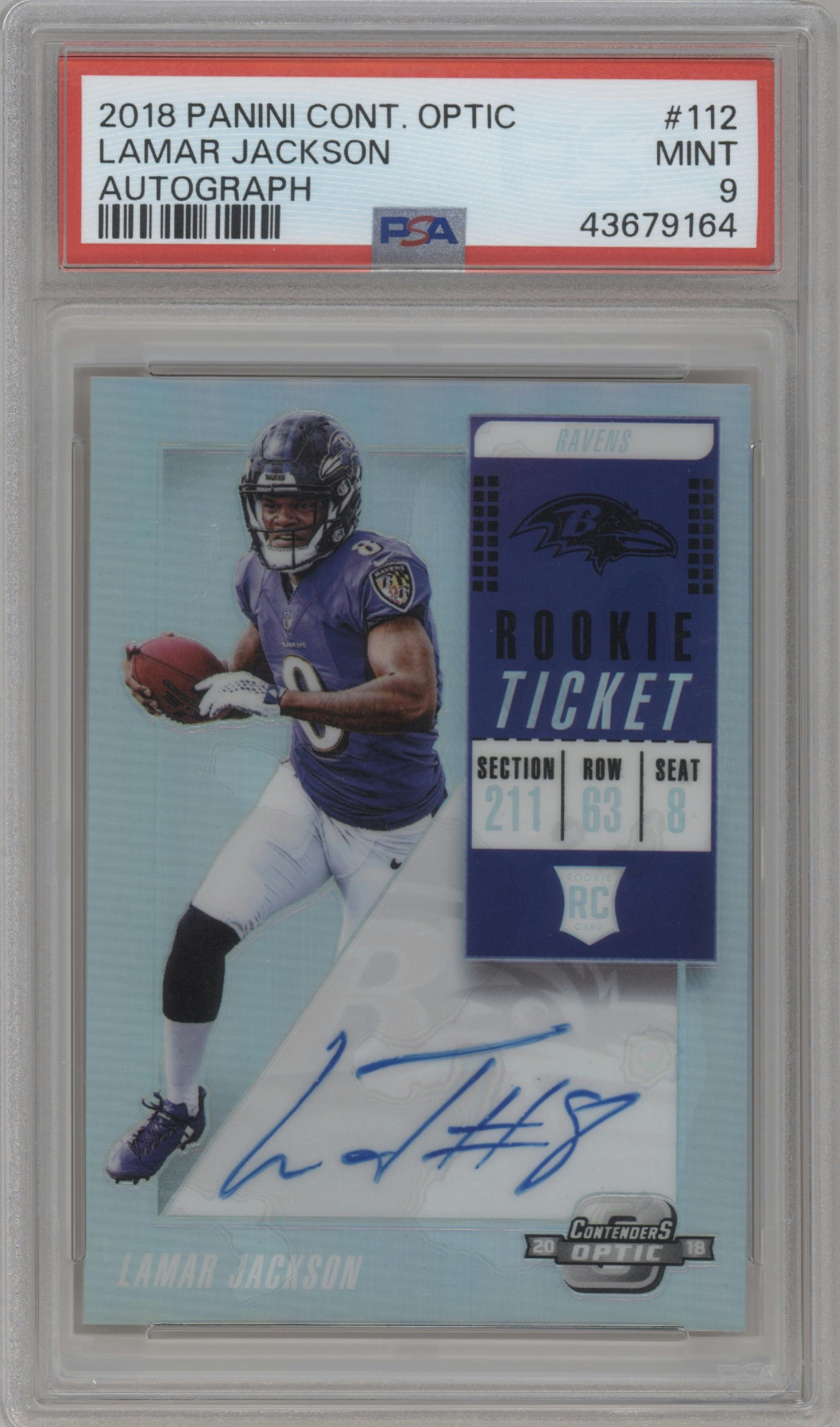 Lamar Jackson from the 2018 Panini Contenders Optic set graded by PSA and given an overall grade of 9.
