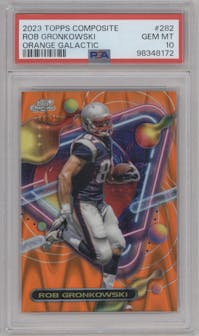 Rob Gronkowski from the 2023 Topps Composite set featuring a Orange Galactic parallel graded by PSA and given an overall grade of 10.