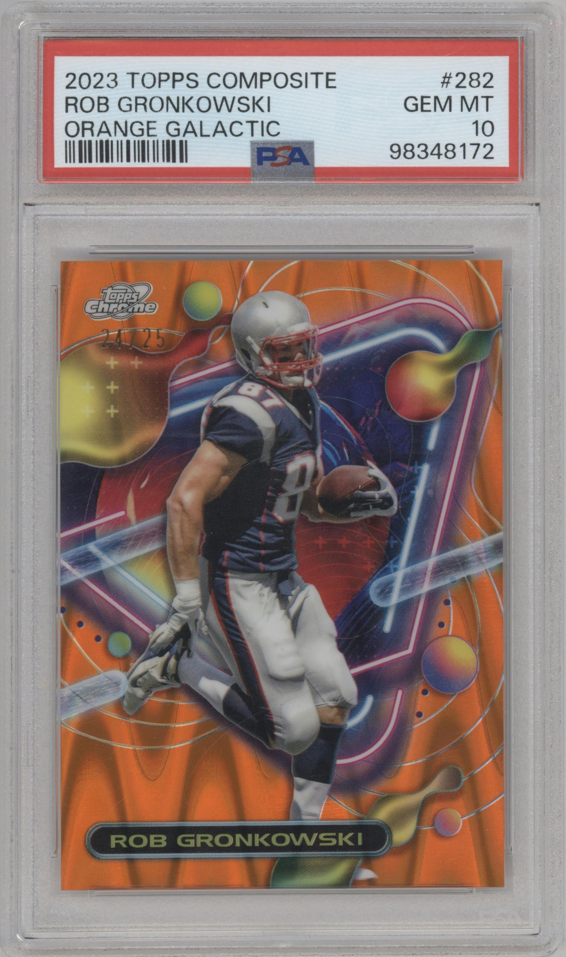 Rob Gronkowski from the 2023 Topps Composite set featuring a Orange Galactic parallel graded by PSA and given an overall grade of 10.